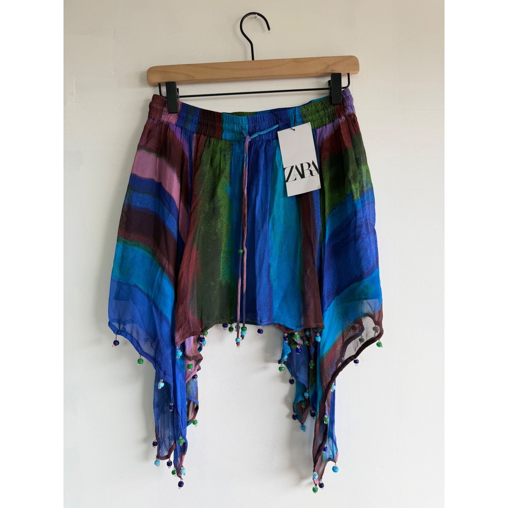 Zara Multicolored Abstract Print Handkerchief Hem Beaded Skirt Small hippy NWT